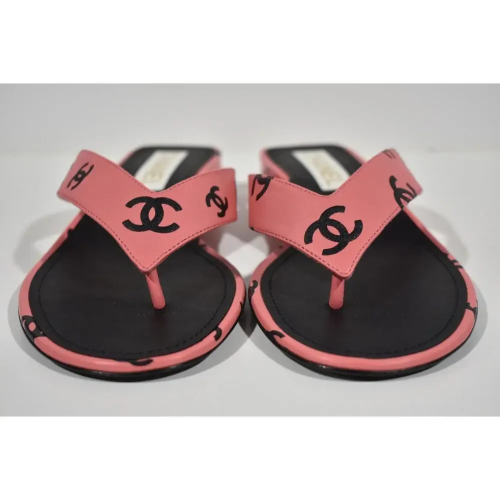 Chanel 22S Pink Black Printed Lambskin CC Logo Thong Flat Flip Flop Sandal 37 - Picture 6 of 12